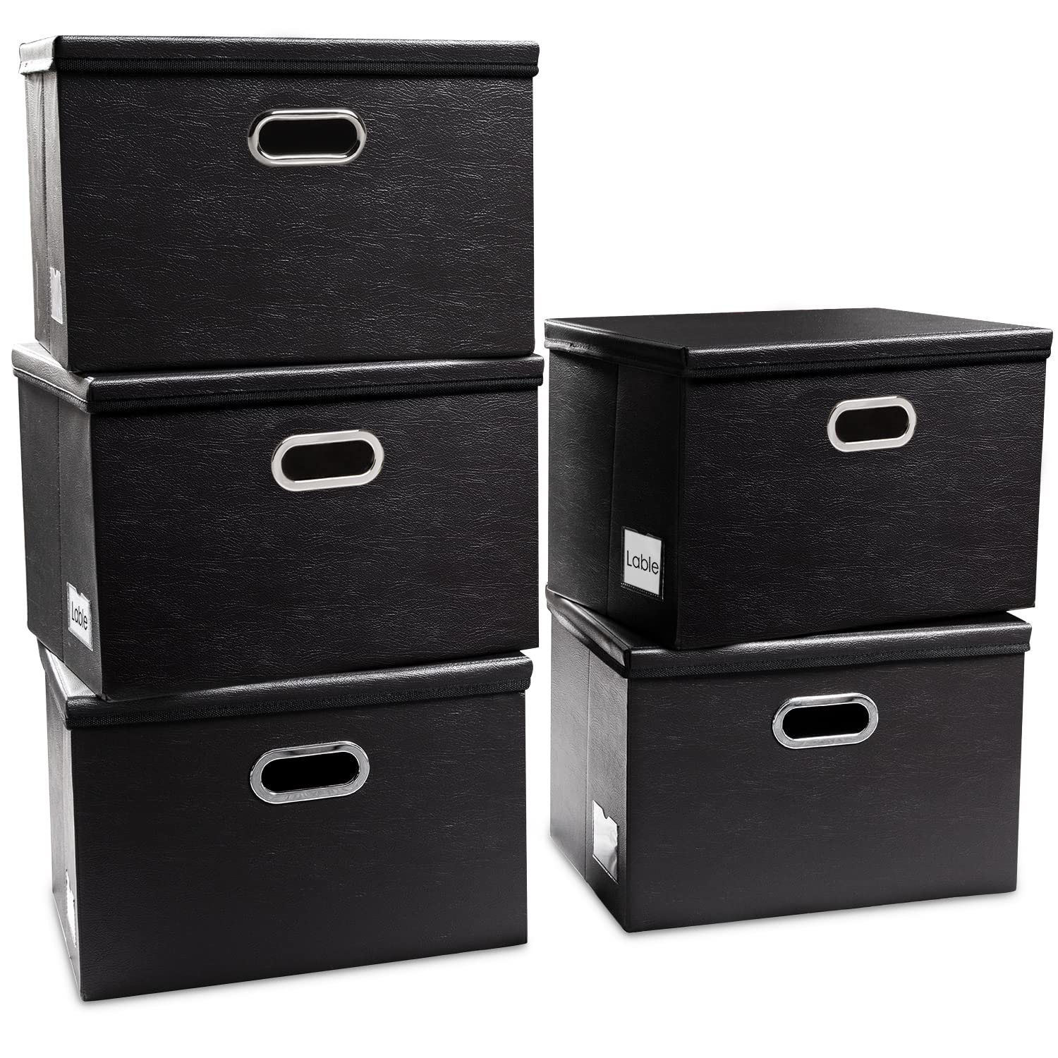 PRANDOM Extra Stackable Storage Bins with Lids [5-Pack] Leather Fabric Foldable Storage Boxes Organizer Containers Baskets Cube with Cover for Bedroom Closet Office Nursery Black (22.8x15.7x13.8)