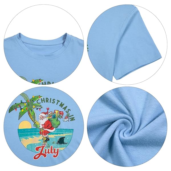 CHRISTMAS JULY SHIRT HAWAIIAN SHIRTS: WOMEN CHRISTMAS SANTA XMAS LIGHTS GRAPHIC TEE SUMMER BEACH VACATION OVERSIZED TOPS BLUE