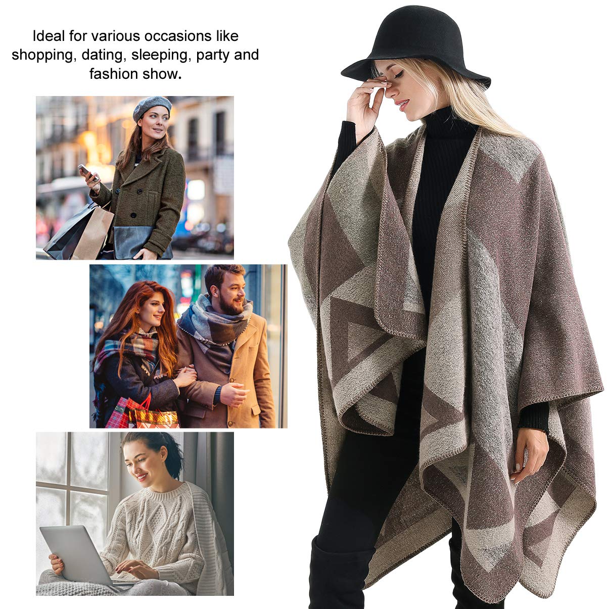Vbiger Damen Poncho Schal Wrap Farbblock Open Front Cape Übergroße Winterdecke Reversible Schal Dicke Cardigan Coat, Khaki