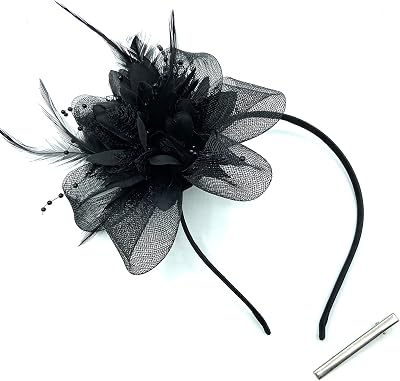 YIJOY Beaded Feather Fascinator Clip Headband Black Wedding Races Ascot 18cm