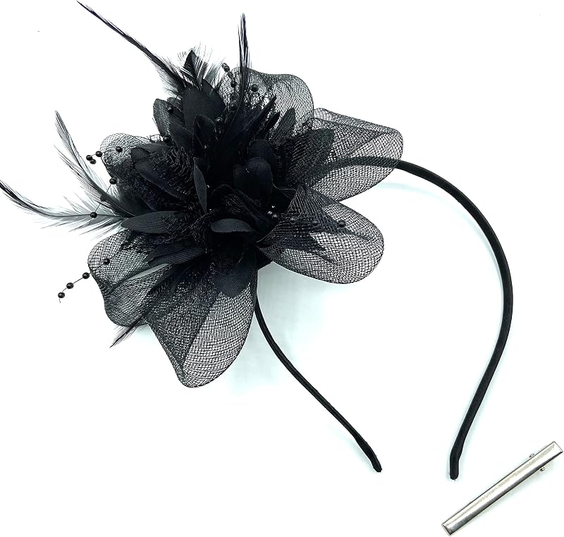 YIJOY Beaded Feather Fascinator Clip Headband Black Wedding Races Ascot 18cm