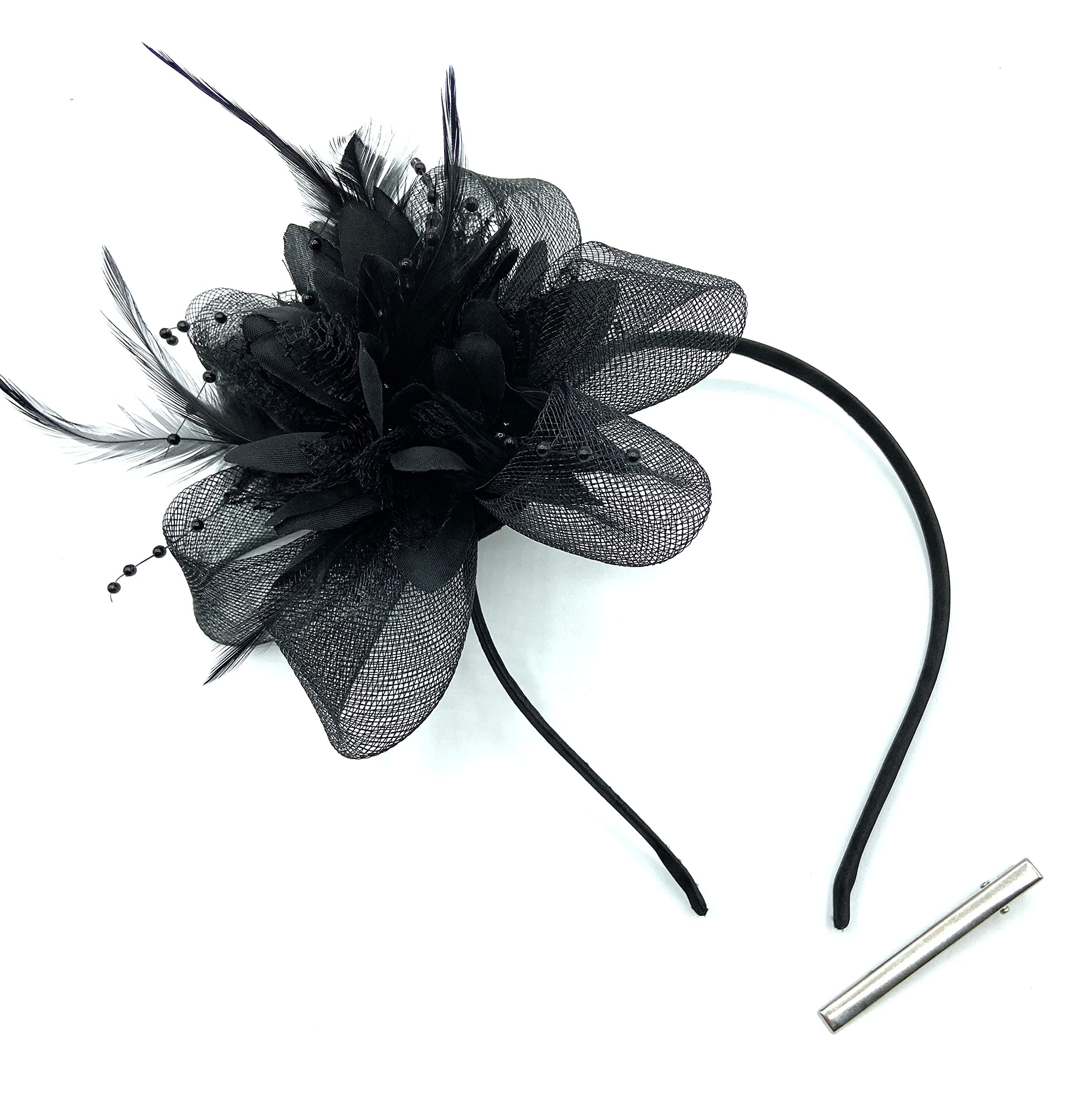 Ladies Beaded Feather Fascinator Clip/Headband Weddings, Races, Royal Ascot (Black)