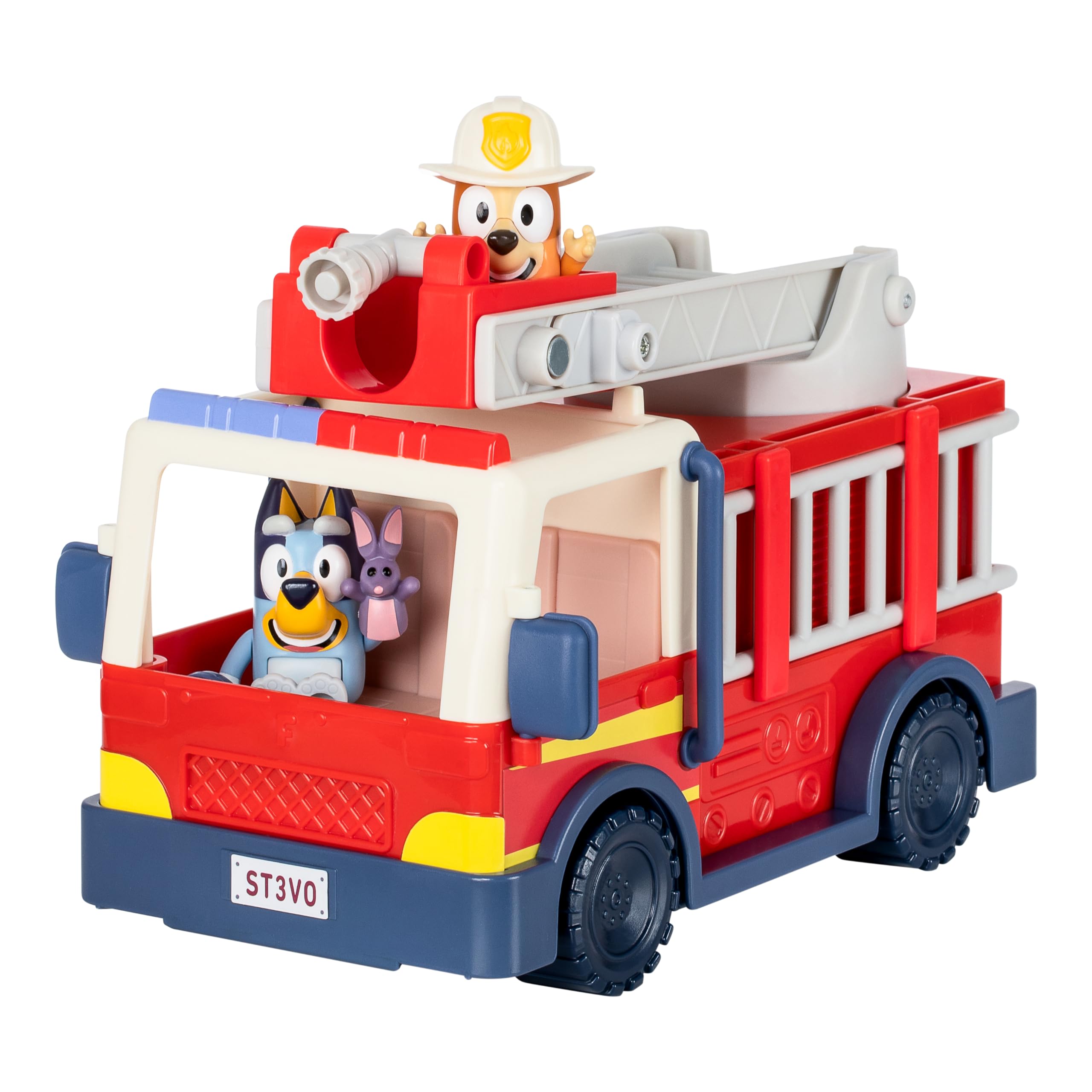 Bluey Firetruck Toy Playset with Firefighter Bingo, Bluey & Bob Bilby, Toddler Fire Truck w/ Spinning Ladder, Water Hoses for Kids Ages 3+