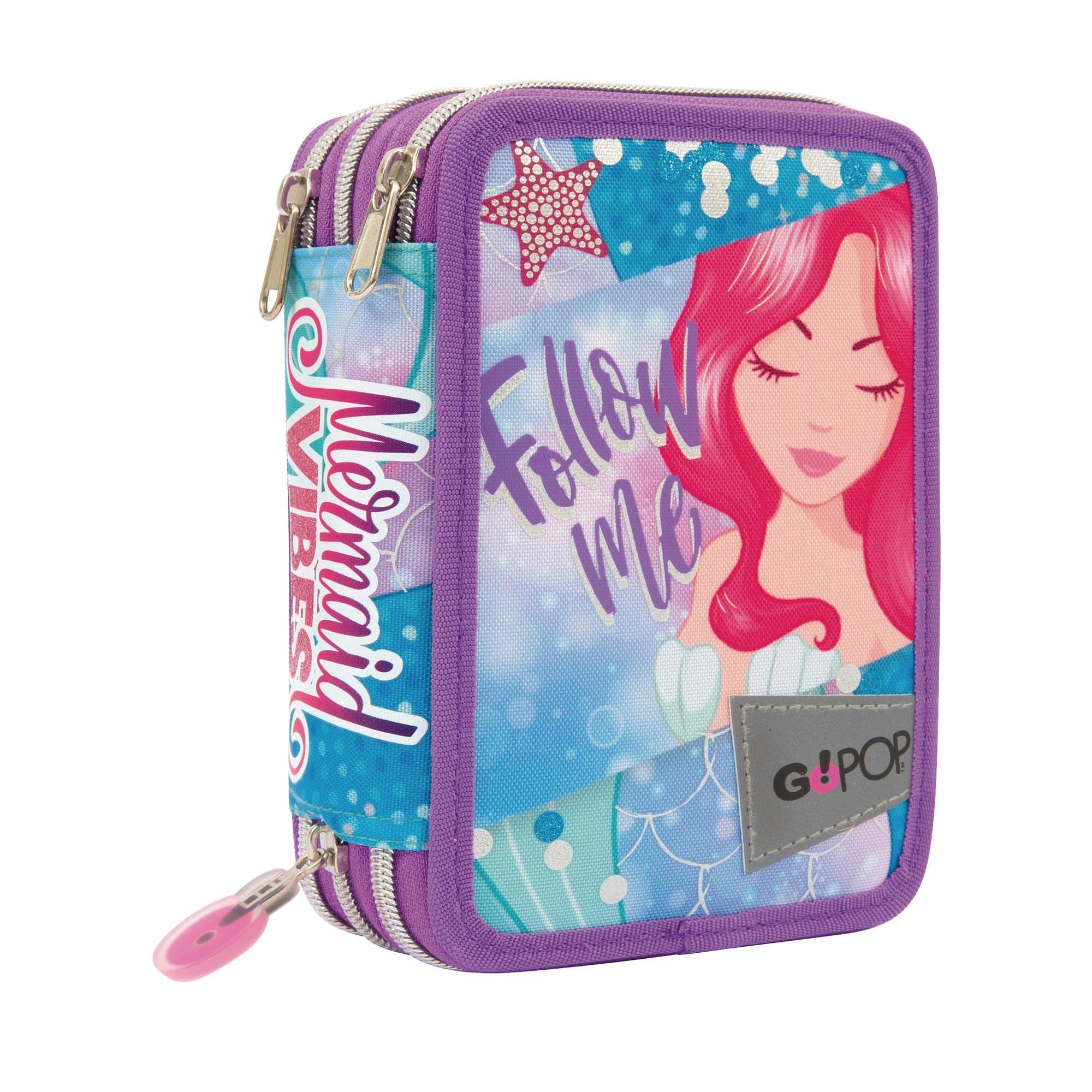 Go Pop 23 Mermaid Triple Pencil Case for Kids from 3 Years Old, Gg9Q5310, Precious Games, Pattern, dim. 19,5 x 13 x 6,5 cm, go pop