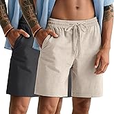 Ficerd 2 Pack Men's Linen Shorts, Elastic Waist Beach Pants with Drawstring Pockets Summer Casual Gym Vacation Shorts