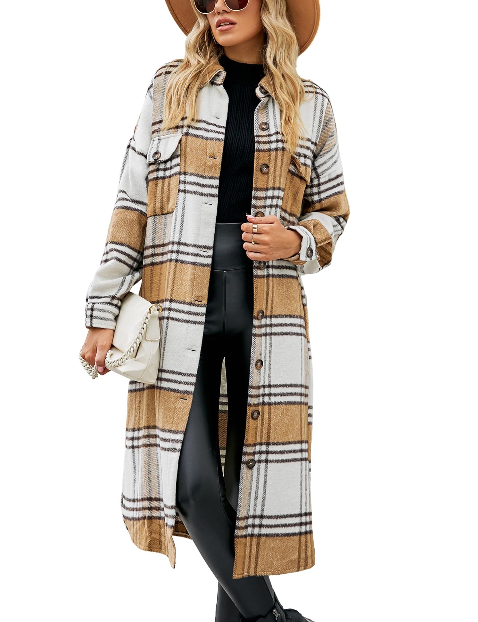 Women's Long Flannel Plaid Lapel Button Woolen Coats main image 0