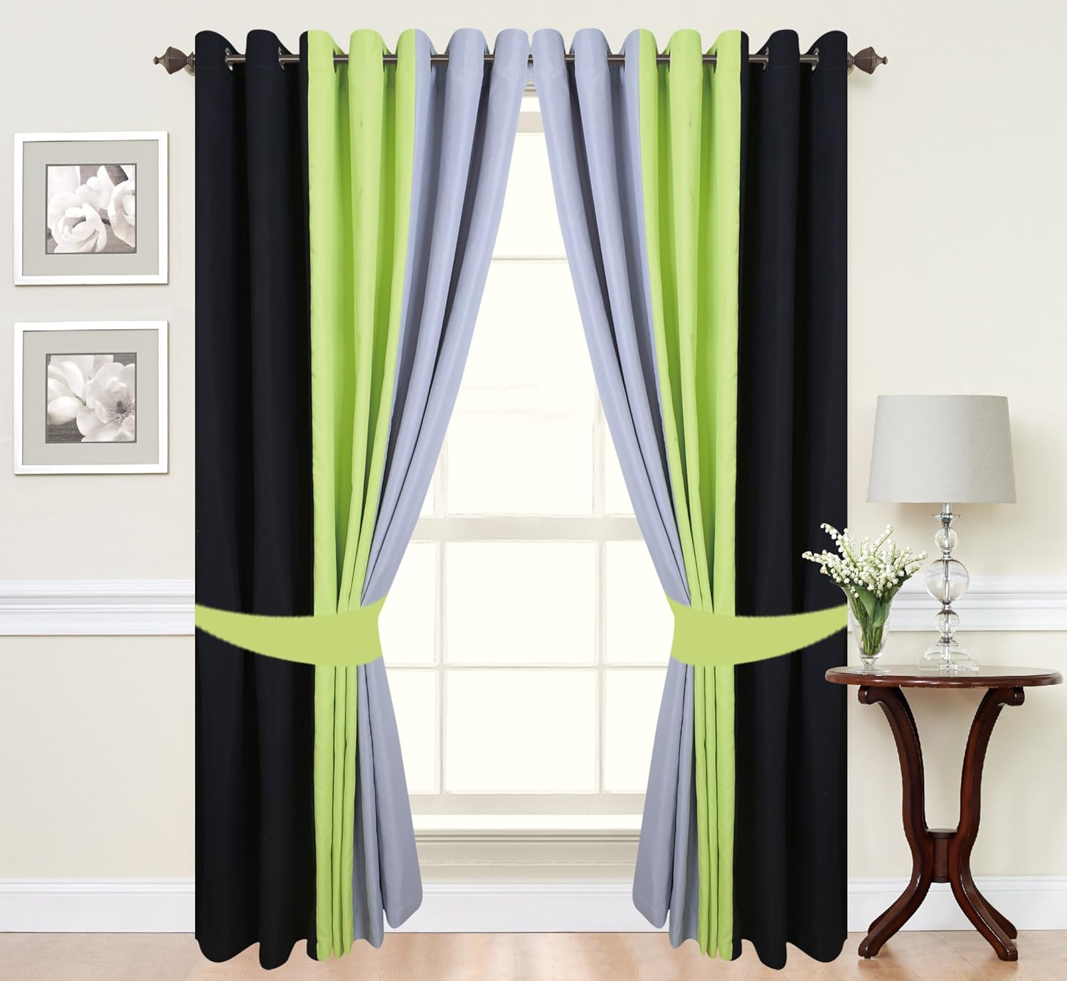 Pair Of 3 Tone Fully Lined Ring Top Eyelet Curtains In Lime Green