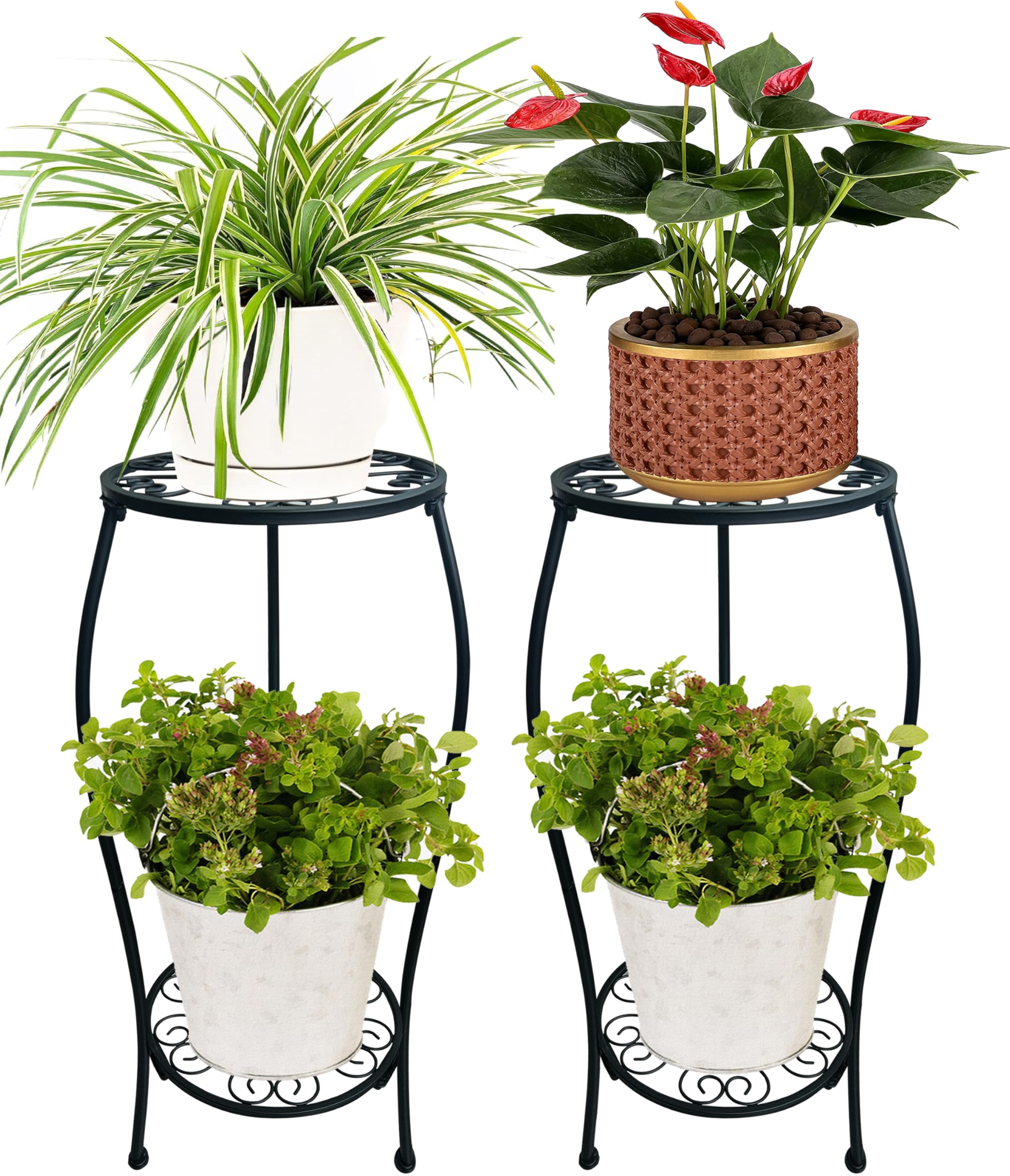 Photo 1 of 2 Pack 25.2 inch Metal Plant Stand Rack for Round Flower Pot, 2 Tier Potted Holder Indoor Outdoor Rustproof Wrought Iron Heavy Duty Planter Shelf for Corner Living Room Balcony Garden Patio, Black