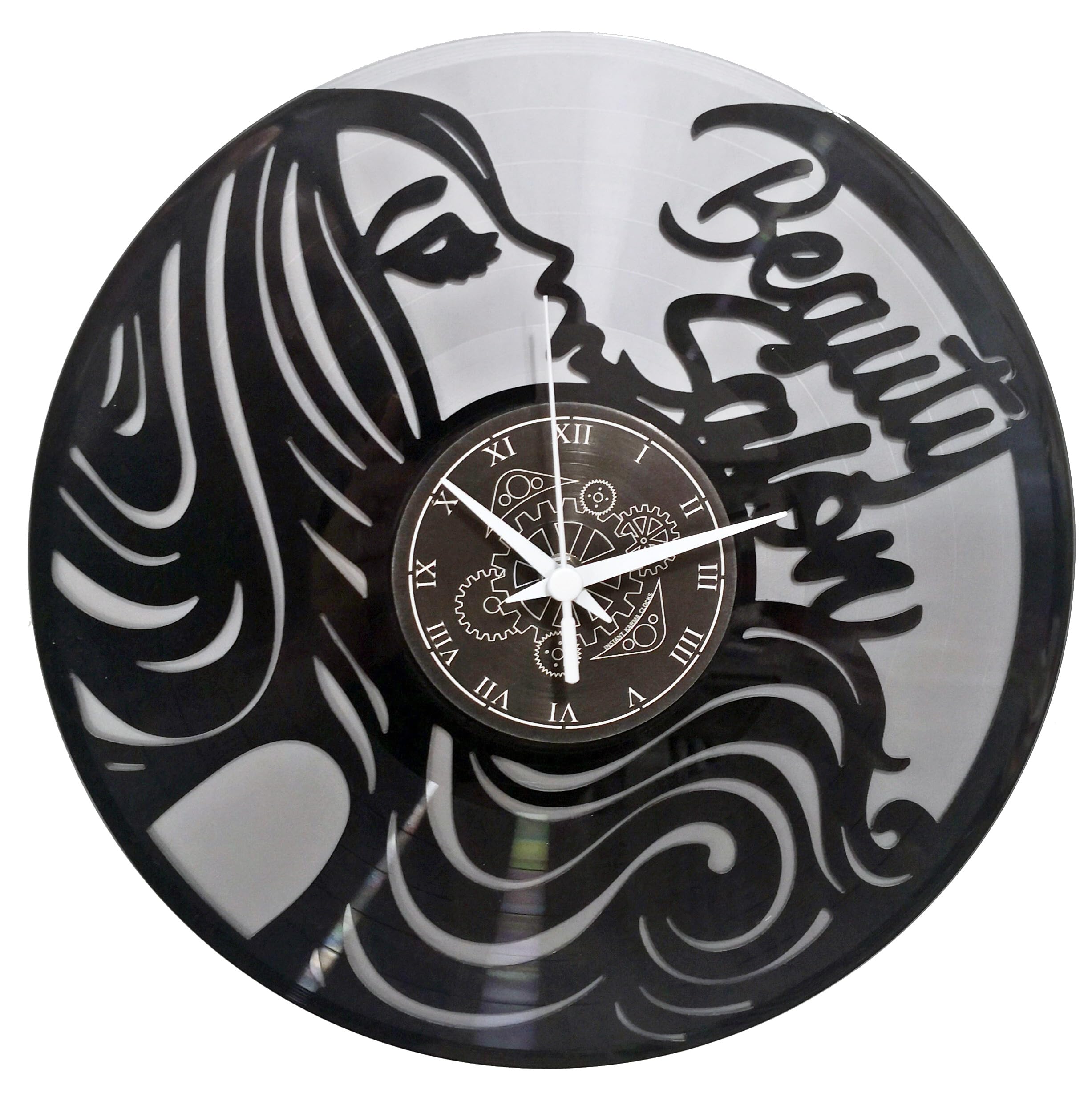 Instant Karma Clocks Vinyl Wall Clock for Hairdressers Beauty Salon Barber Shop Woman, Colour Silver and Black