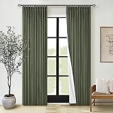 Olive Green Pinch Pleated 100% Blackout Linen Curtains for Bedroom 84 Inch Length Room Darkening with Liner Dark Green Window Curtains 84 Inches Long for Living Room Black Out Pleat Drapes Back Tab