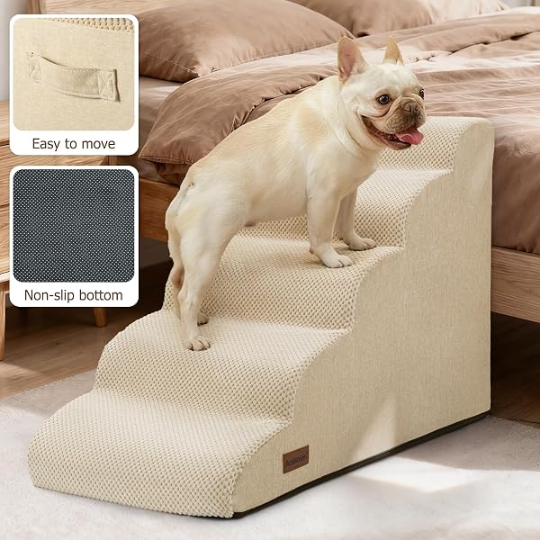 AODISMAN DOG STEPS FOR BED AND COUCH,4-STEP DOG STAIRS AND RAMP FOR SMALL DOGS & CATS,INDOOR ANTI-SLIP PET STAIRS FOR OLD CATS AND PUPPY,BEIGE