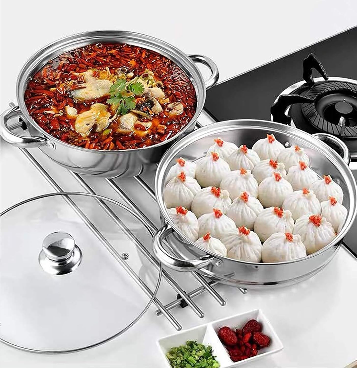 Steamer Pot Stainless Steel 2 Tier - 28cm Steamer Pot w/Glass Lid Food Veg Cooker Pot Cooking Pan Steaming Pot Dim Sum Cookware Steamer For Kitcken Cooking Tool: Kitchen & Dining