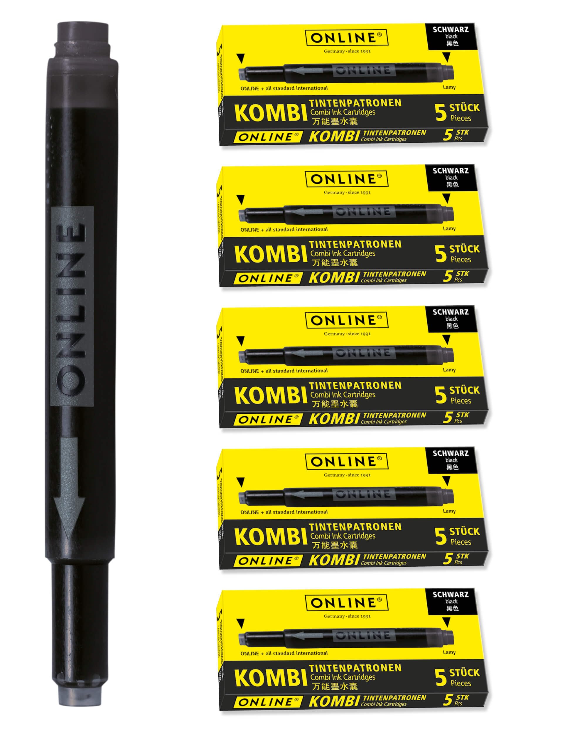 ONLINE Double-Sided Ink Cartridges, Black, 25 Pieces - Universal, Compatible with All Common Fountain Pens, Even Lamy Pens - Spare Ink Cartridges, 5-Pack