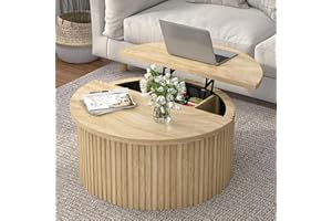 Fsbecl Round Fluted Lift Top Coffee Table with Storage, 34.6'' Farmhouse Round Coffee Tables for Living Room, Circle Wood Accent Center Table for Home, Office, Cafe (Wood Color)