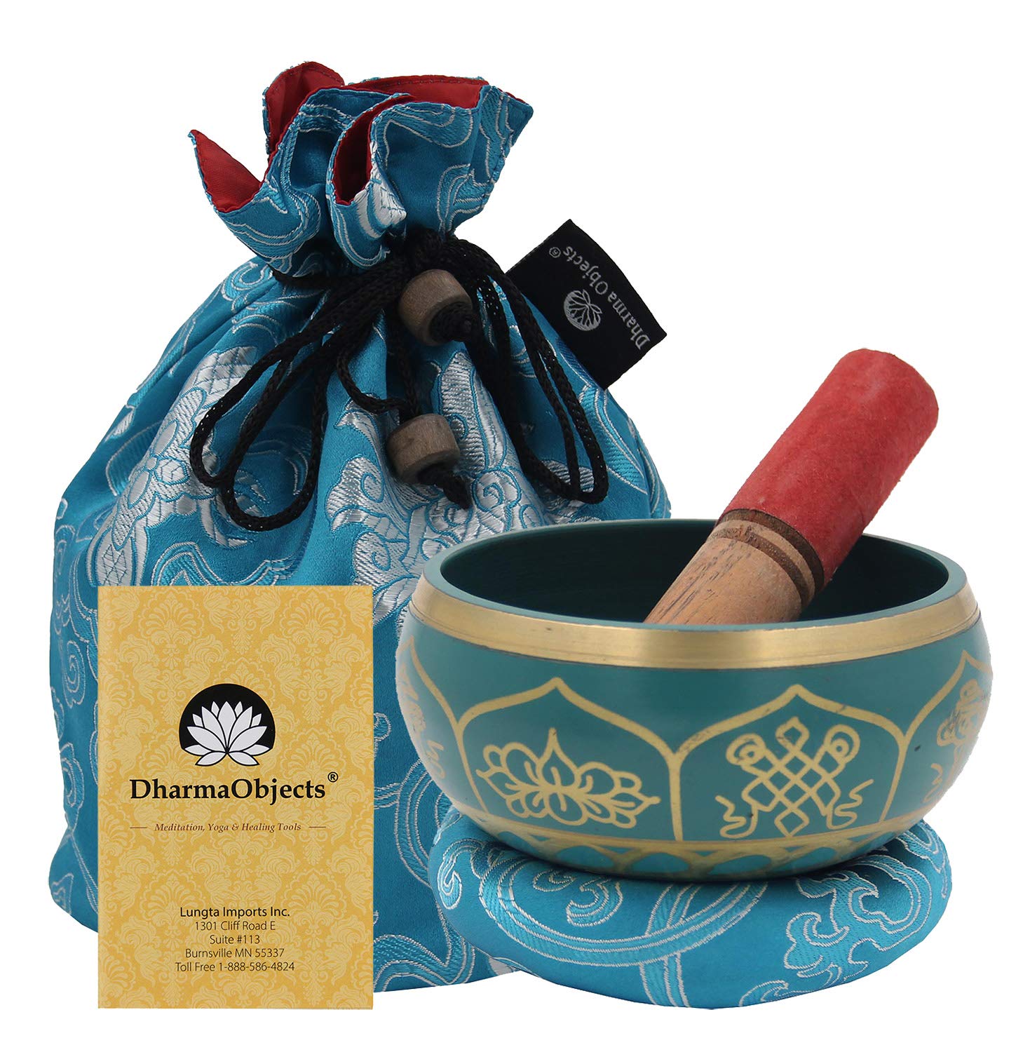 DharmaObjects Medium ~ Tibetan 8 Lucky Symols Singing Bowl Set ~ With Mallet, Brocade Cushion & Carry Bag ~ For Meditation, Chakra Healing, Prayer, Yoga (Turquoise)
