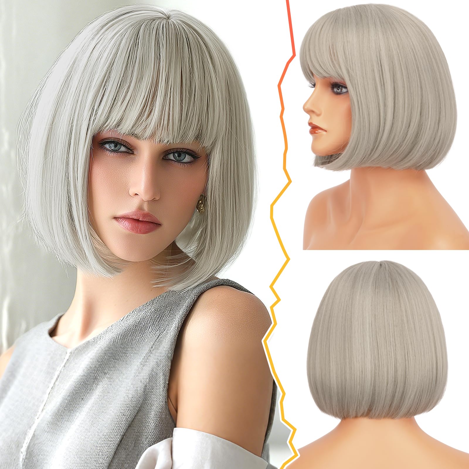 BARSDAR Grey Wig with Bangs, 12 Inch Short Gray Wig Straight Bob with Bangs for Women's Short Bob Wigs - Natural & Soft, Heat Resistant Synthetic Wigs for Daily Party Halloween - Grey