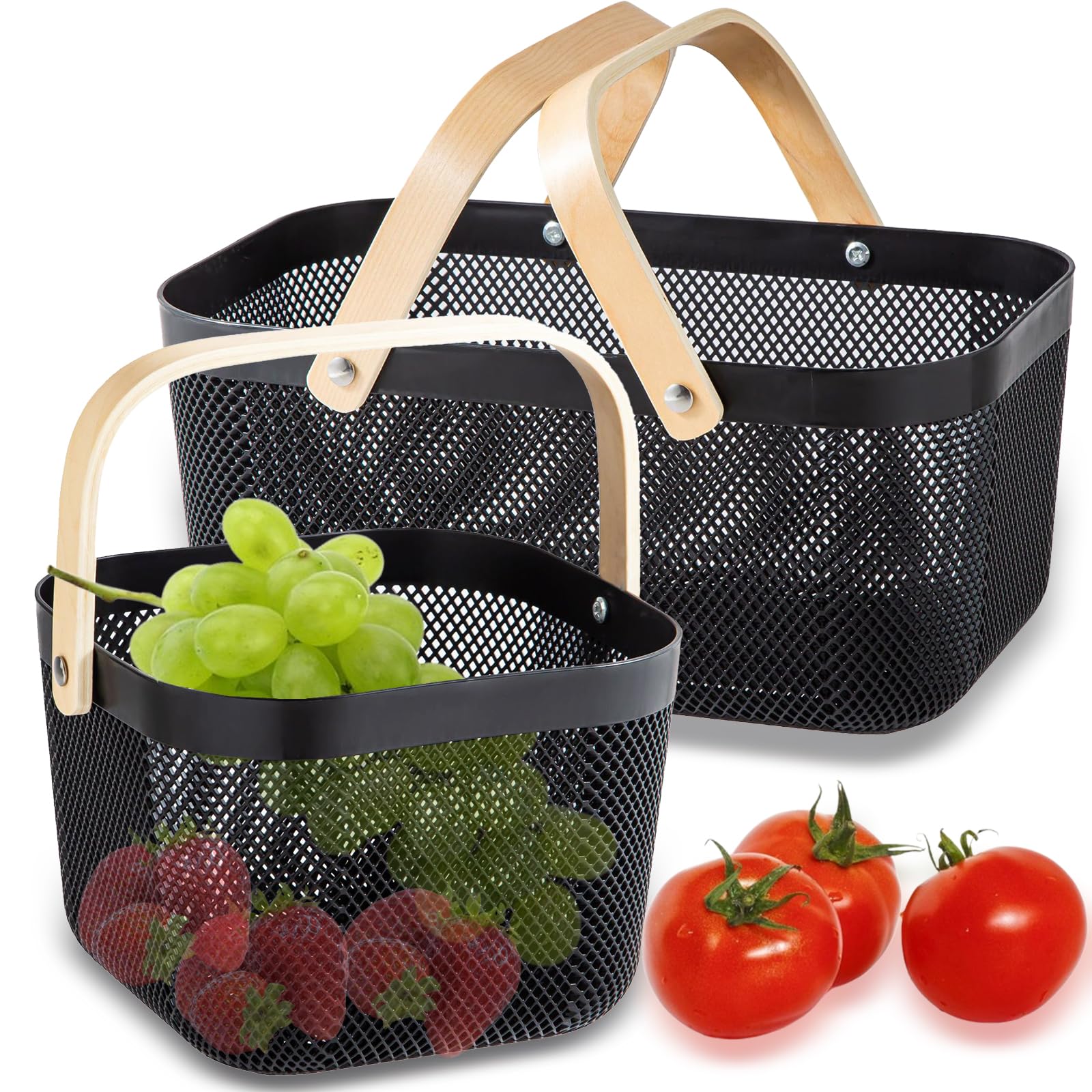 Photo 1 of Nexboraque 2 Pack Plastic Picnic Baskets, Mesh Harvest Basket with Foldable Wooden Handle, Rectangle Fruit Vegetable Storage Organizer Bins for Gathering, Kitchen, Pantry, Black