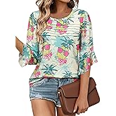 ZXZY Women's 3/4 Length Sleeve Tops Blouses Dressy Casual Hawaiian Shirts Ruffle Bell Sleeve Crew Neck
