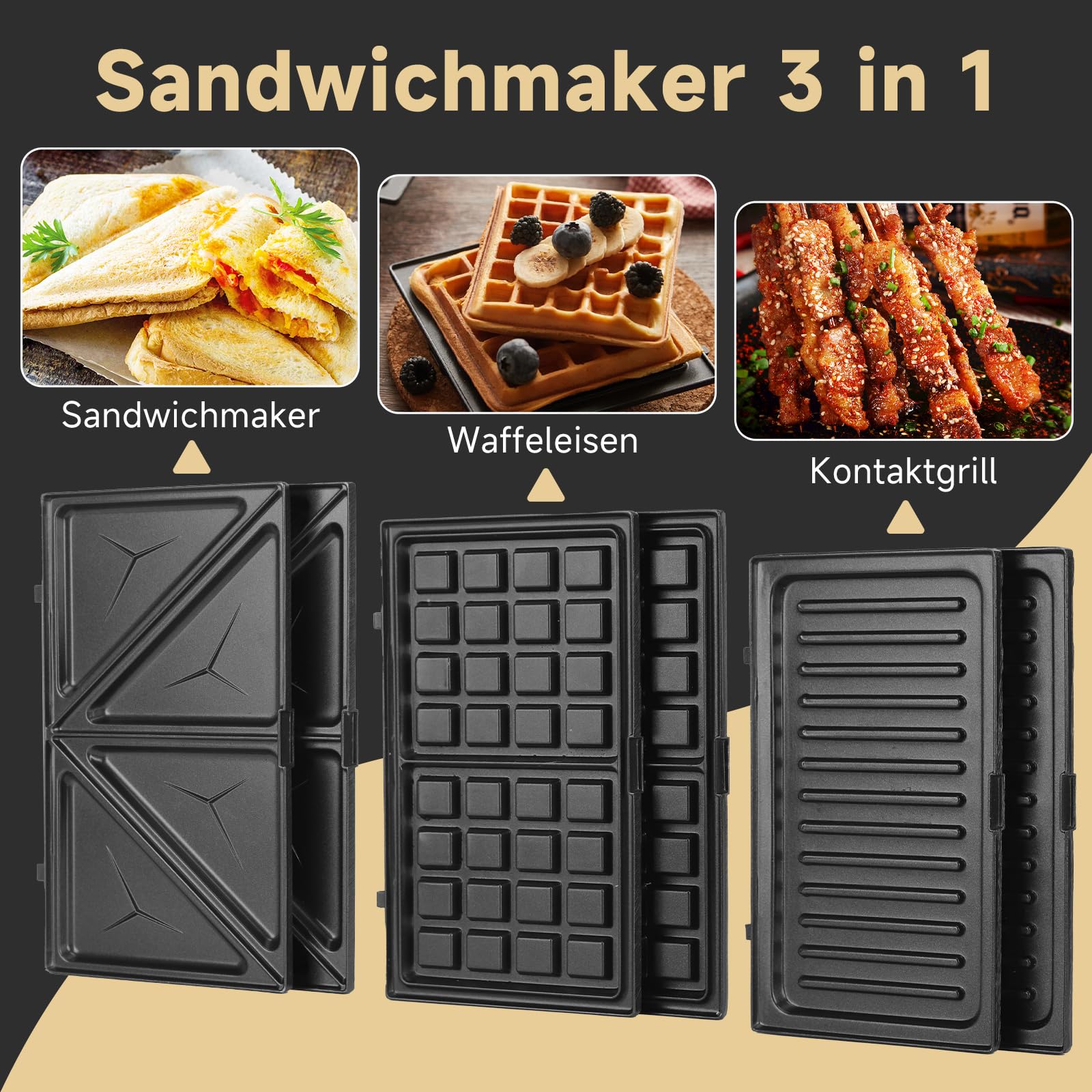 Sandwichmaker 3 in 1, Sandwichtoaster, Kontaktgrill, Waffeleisen 3 in 1, 3 Abnehmbare, Spülmaschinengeeignete und Antihaftbeschichtete Grillplatten, Dreieckig Sandwich Maker 30JVU, 750 W 2