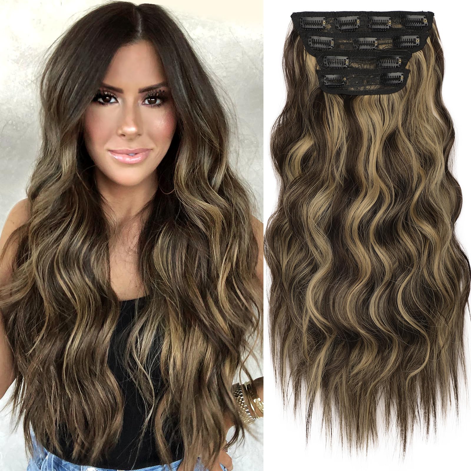 Photo 1 of KooKaStyle Clip in Synthetic Hair Extensions Long Wavy 4PCS Thick Hairpieces Brown mix Sandy Blonde F6/18 Fiber Double Weft Natural Hair Extensions 20 Inch for Women
