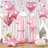Pastel Pink 11 Balloons, Baby Pink 11 11th Number Balloons Set, Pink Foil Star Heart Balloon With Long Balloon For Girls Woman 11th 11 Years Old Birthday Party 1st Baby Shower Anniversary Decoation