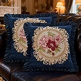 Qupace Set of 2 Vintage Blue Pillow Covers 18x18in for Sofa Couch,Blue Embroidered Pillows Covers for Living Room, Floral Embroidered Cushion Cover for Bed