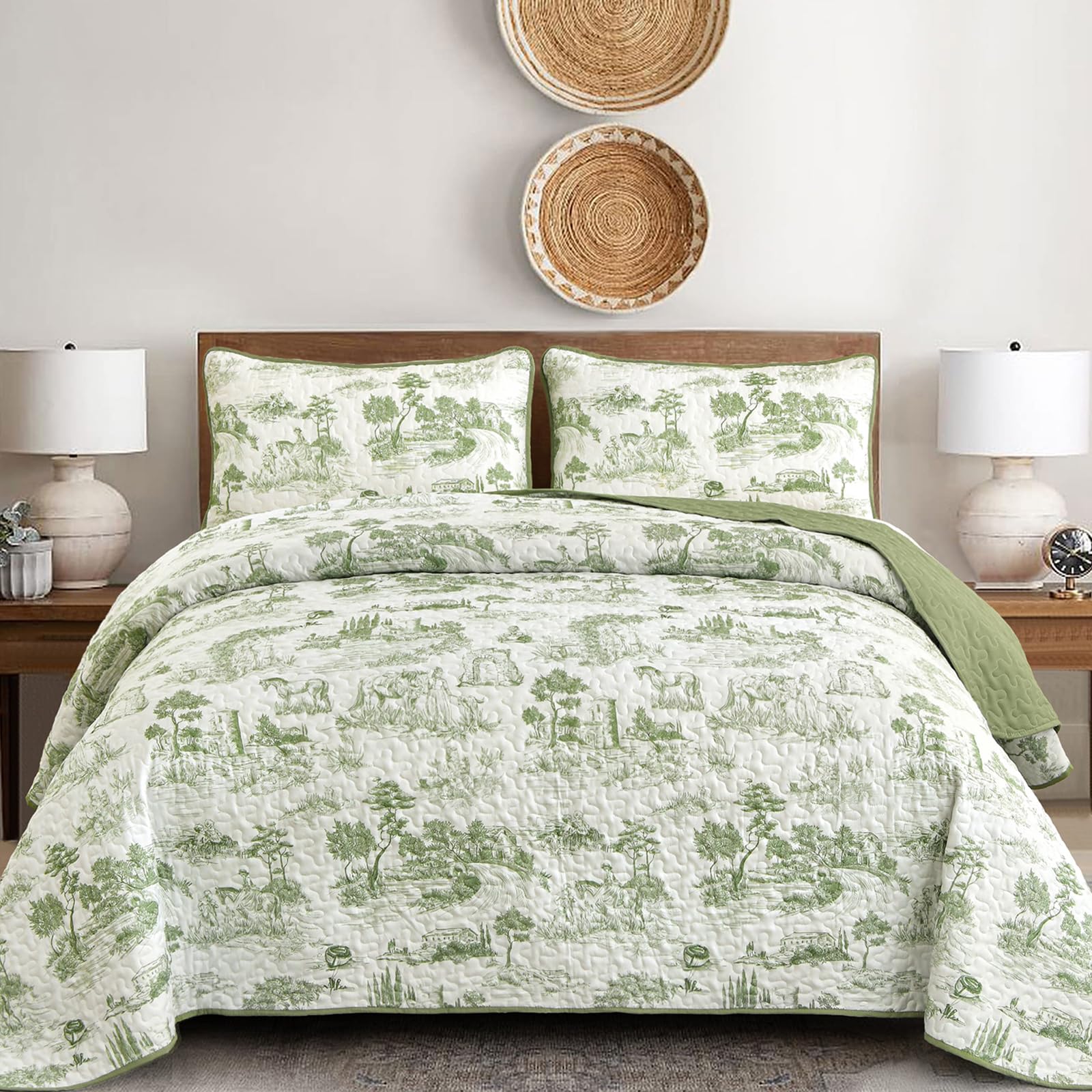 Photo 1 of Drucon Sage Green Farmhouse Quilt Set King Size, Spring Toile Rustic Bedspreads, 3 Pieces Village Landscape Printed Coverlet, Soft Microfiber Quilt Bedding Set for All Season (106x90 Inch)