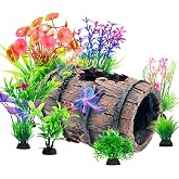 CousDUoBe Fish Broken Barrel Decor Fish Tank Decorations Betta Fish Tank Accessories,Starfish Barrel x 1pc, Aquarium Plants x 8pcs
