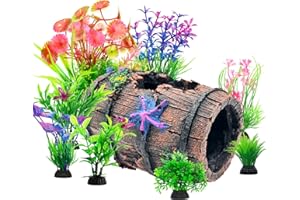 CousDUoBe Fish Broken Barrel Decor Fish Tank Decorations Betta Fish Tank Accessories,Starfish Barrel x 1pc, Aquarium Plants x 8pcs