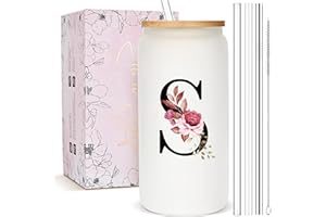 Personalized Gifts for Women, Monogrammed Frosted Glass Tumbler with Straw and Lid, Cute Customized Mug, Custom Initial Iced 