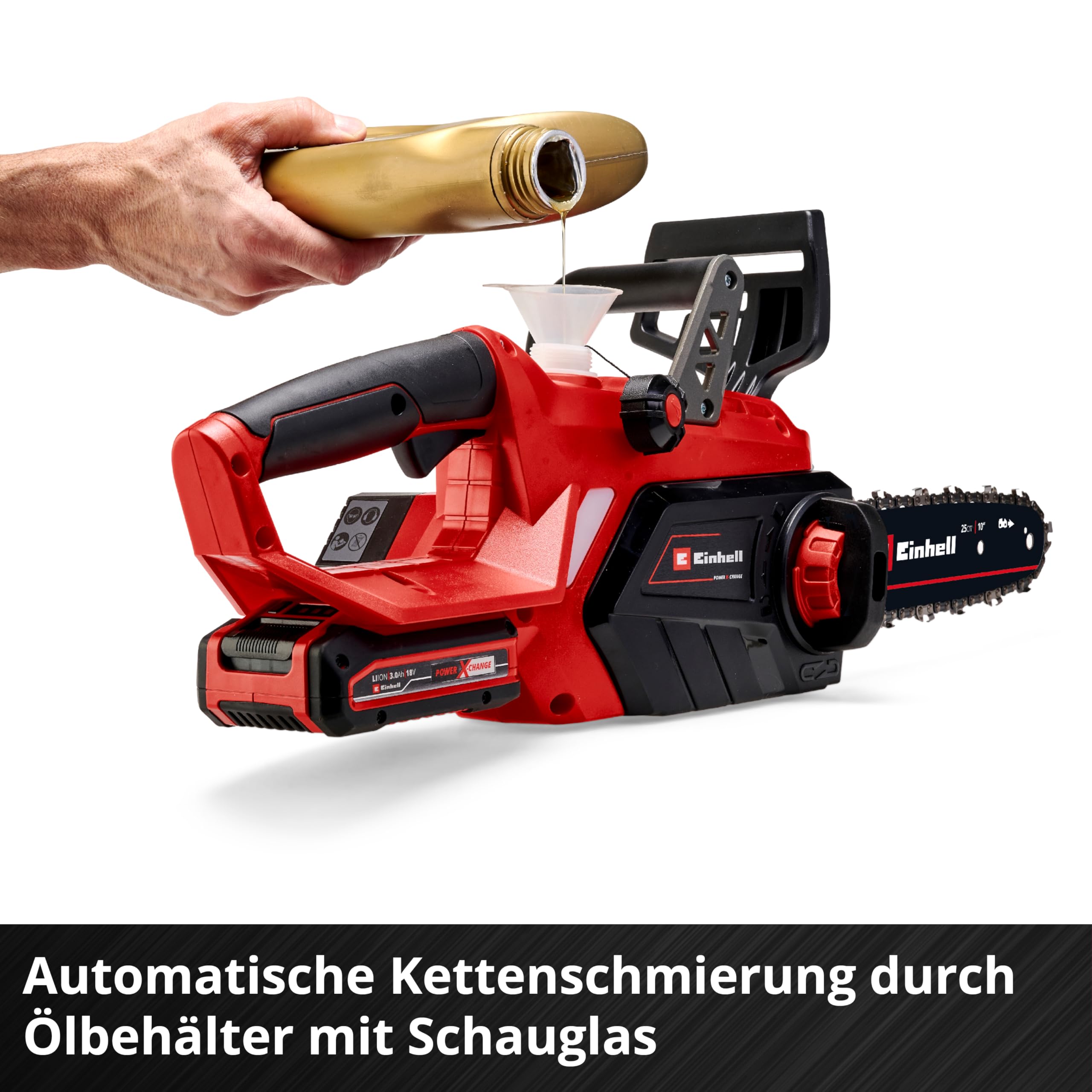 Einhell Akku-Kettensäge GE-LC 18 Li-Solo Power X-Change (Li-Ion, 18V, 25 cm Schwertlänge, Rückschlagschutz, Kettenfangbolzen, inkl. 4 Ah Akku und Ladegerät) 7