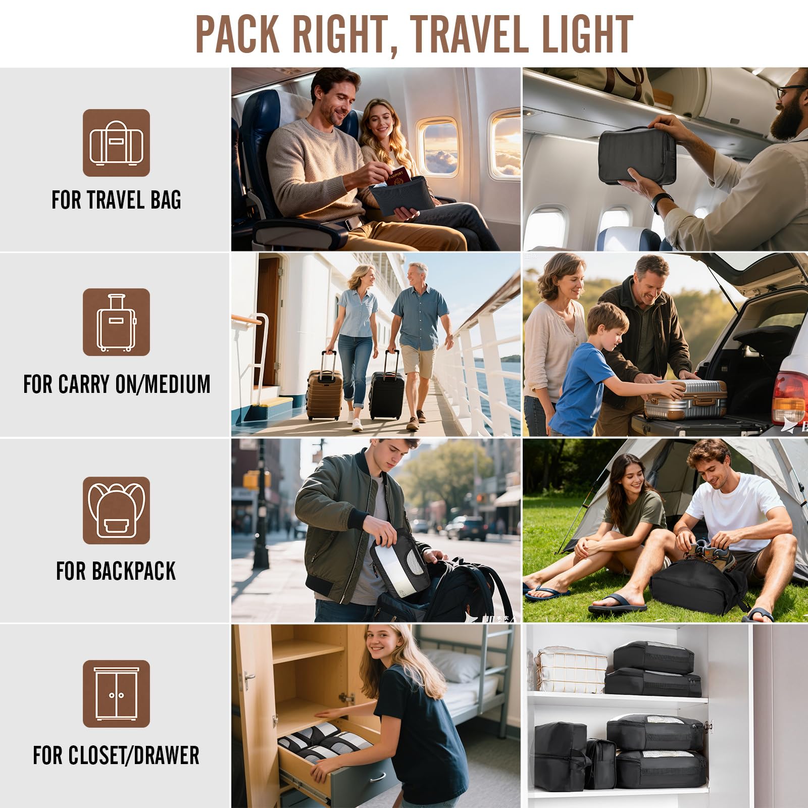 Veken Veken 10 Set/8 Set Packing Cubes for Travel Essentials, Suitcase Organizer Bags in 4 Sizes, Carry-On Luggage Accessories with Laundry & Toiletry Bag, Airplane Must-Have, Road Trip & Camp Gifts for Men
