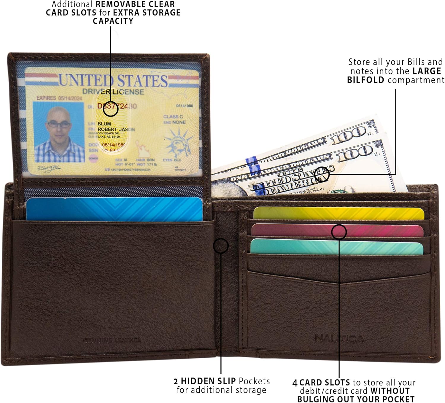 Nautica Men S Leather Passcase Wallet With Large Bill Compartment And Id Window Brown One Size At Amazon Men S Clothing Store Bifold Wallet