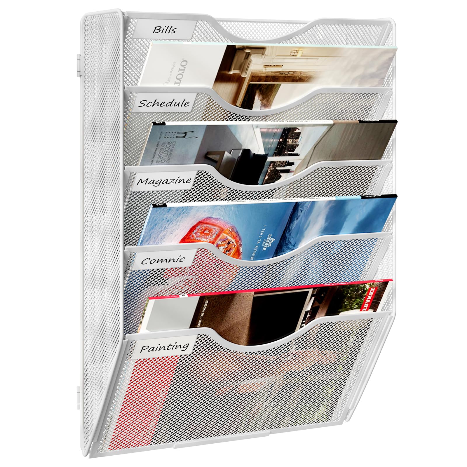 TQVAI 5-Tier Wall File Organiser, Wall Mail Holder, Wall Mounted Magazine Rack, Mesh A4 Paper Storage, Office Document Organiser, White