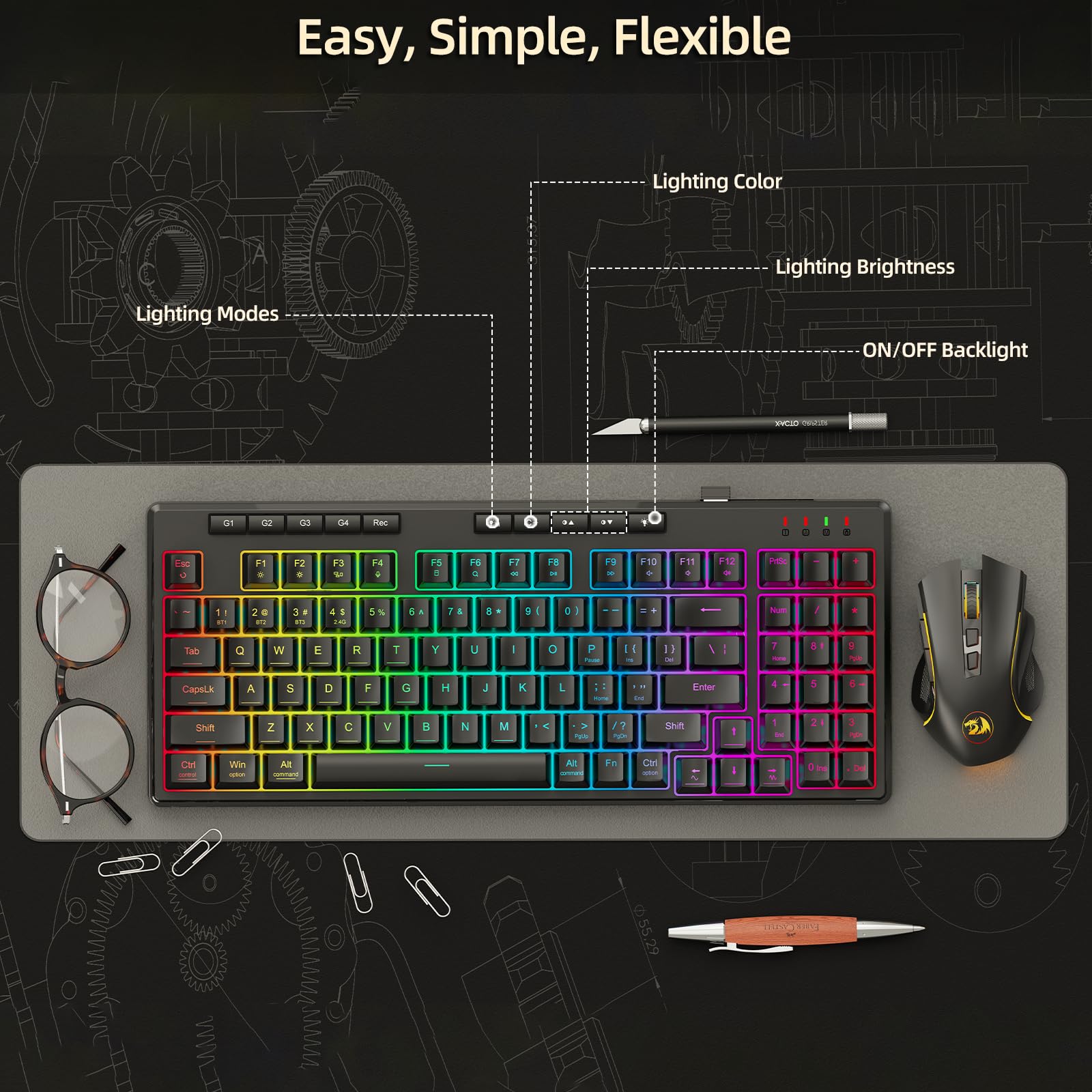 Redragon K517 Pro Wireless Gaming Keyboard, RGB Backlit, Tri-Mode BT/2.4GHz/USB-C, 96% Mechanical Feel 94 Keys Computer Keyboard with 4 Macro Keys, Number Pad, 4000mAh Battery for Win/MAC