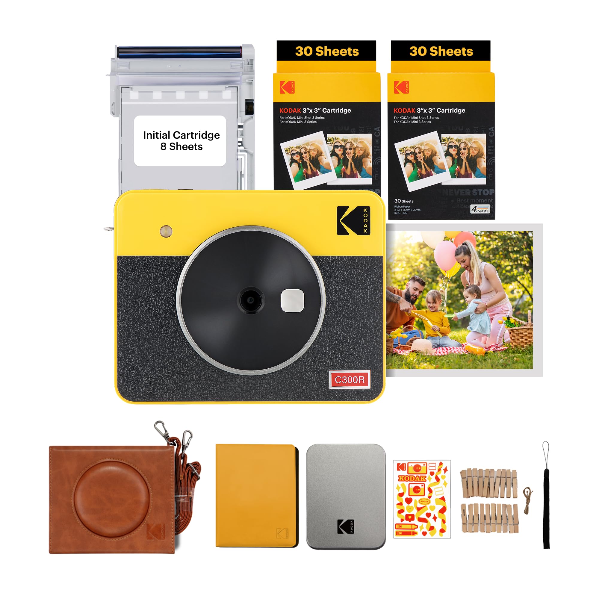 KODAK Mini Shot 3 Retro 4PASS 2-in-1 Instant Digital Camera and Photo Printer (3x3 inches) Initial 8 Sheets + 60 Sheets Gift Bundle, Yellow (NOT Zink)