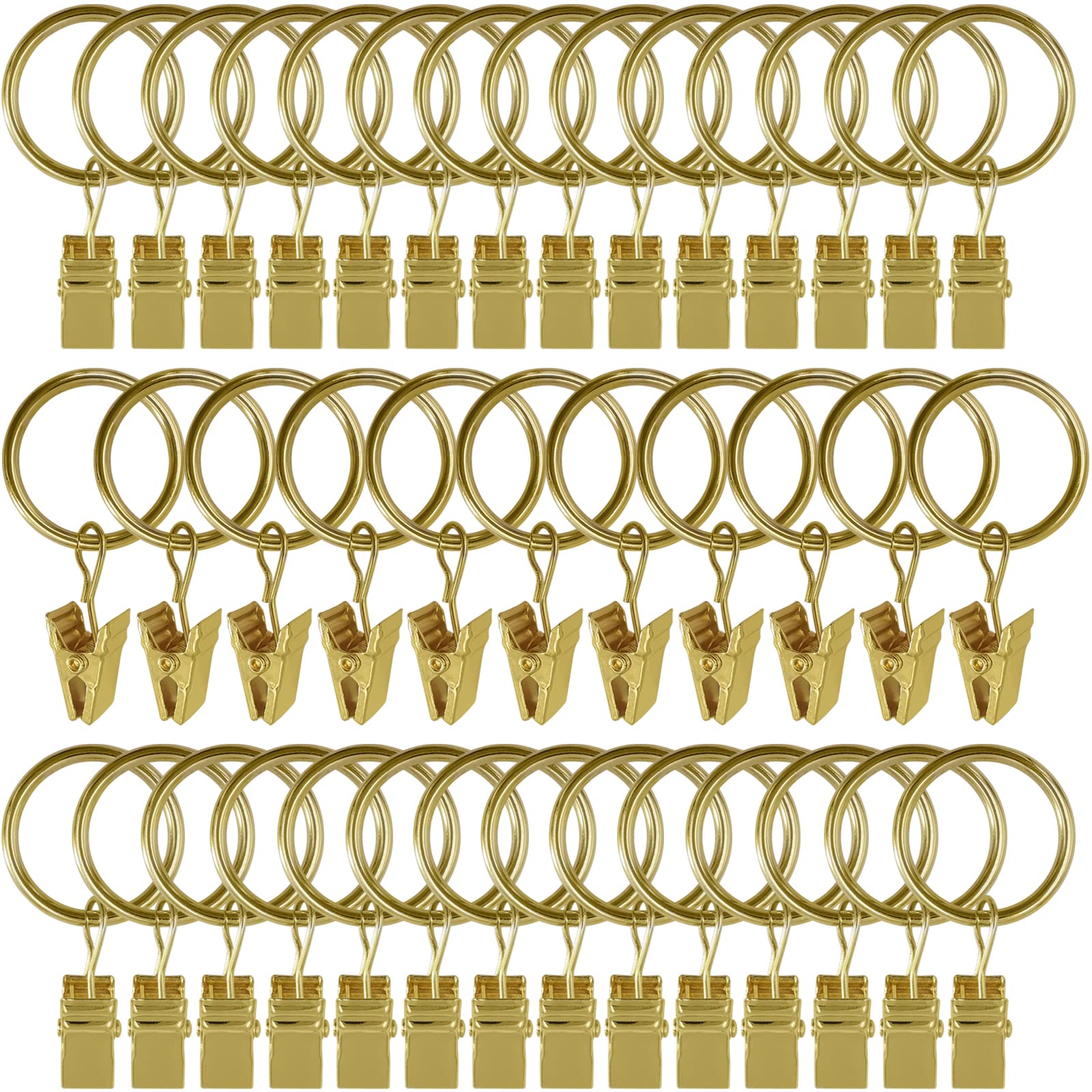 AMZSEVEN 44 Pack Small Curtain Rings with Clips, Metal Curtain Hangers Clips, Drapery Rings with Clips, Decorative Curtain Rod Window, 1 Inch Interior Diameter, Rustproof Gold。