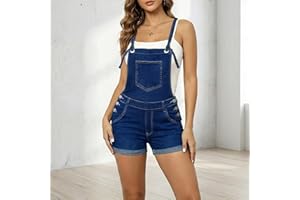 Womens Denim Shortalls Adjustable Strap Bib Overalls Jean Shorts Slim Fit Rolled Hem Casual Jumpsuit