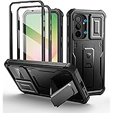 Dexnor for Samsung Galaxy A56-5G Case, [2 Front Frame] [Built-in Magnetic Slide Camera Cover & Kickstand] Heavy Duty Protection Shockproof Phone Case with Screen Protector, 6.7 inch Black
