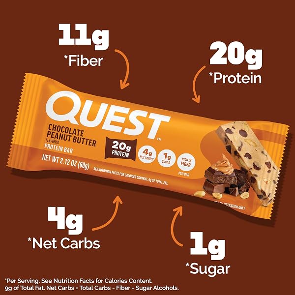 QUEST NUTRITION CHOCOLATE PEANUT BUTTER PROTEIN BARS, 20G PROTEIN, 1G SUGAR, 5G NET CARB, GLUTEN FREE, KETO FRIENDLY, 4 COUNT