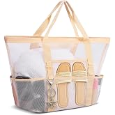 AudeRhine Large Mesh Beach Bag for Women, Sandproof 9-Pocket Beach Tote Bag, Quick-Drying Pool Bag for Travel Vacation