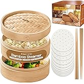 2-Tier 10-inch Bamboo Steamer Basket with Lid|3x Pc Dumpling steamer|2x Chopsticks|50x Perforated Liners| Easy to clean bamboo Steamer Baskets for Cooking Rice & Vegetable