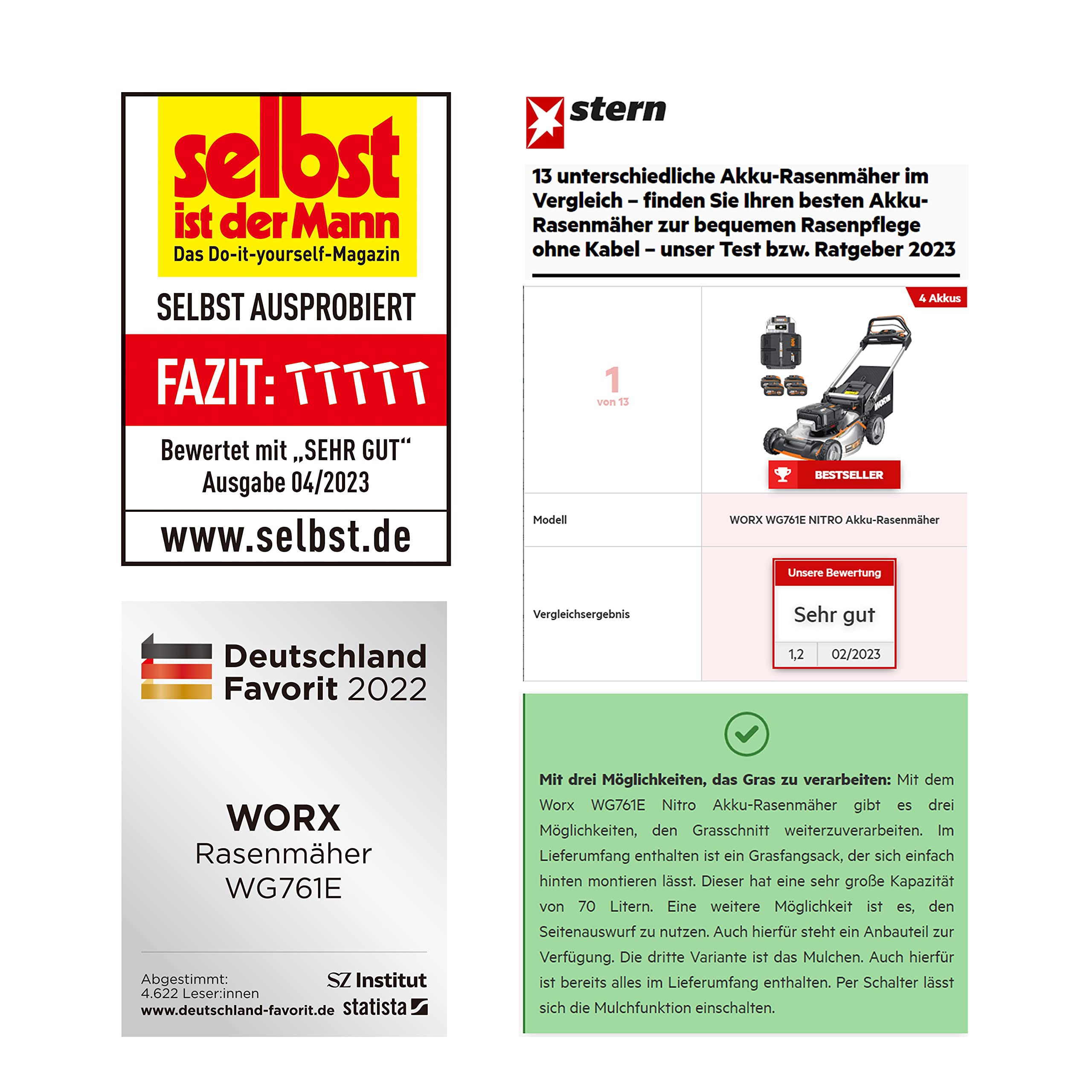 WORX WG761E Nitro Profi Akku Rasenmäher 80V (4x20V) - Kraftvoller Bürstenloser Motor - Radantrieb - 51cm Schnittbreite, 7 Schnitthöhen - Einhand-Schnitthöhenverstellung - mit 4x4Ah Akkus & Powerbank 2