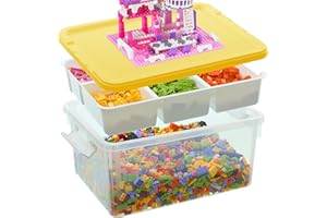 Citylife 17QT Plastic Storage Bin with Yellow Building Baseplate Lid Removable Tray with 5 Compartments Clear Plastic Storage