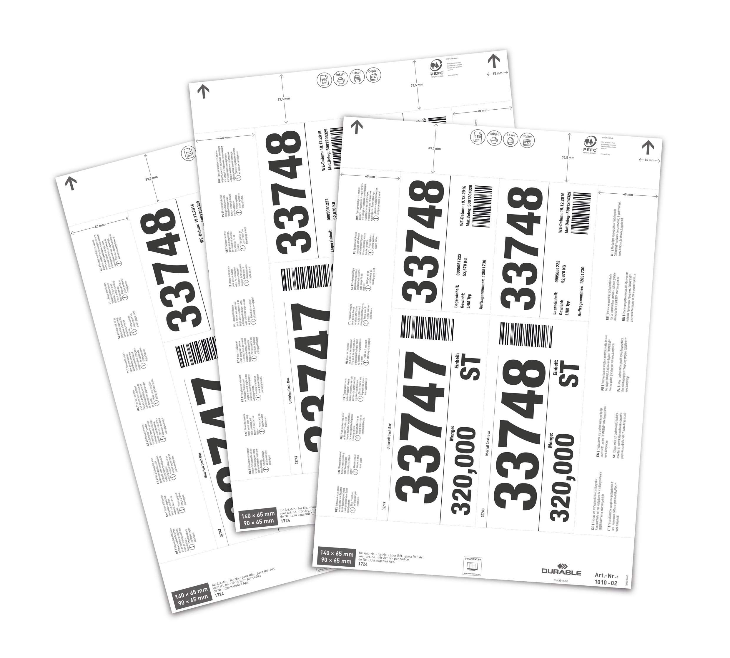 Durable Insert Labels 140/90 x 65 mm for Ticket Holders, 80 Labels on A4 Sheets, White, 101002