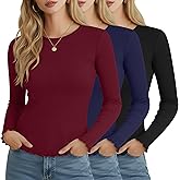 Velvelhall 3 Pack Women's Long Sleeve Shirts Ribbed Cotton Slim Fit Crew Neck Tops Layering Lettuce Trim Basic Tee Winter