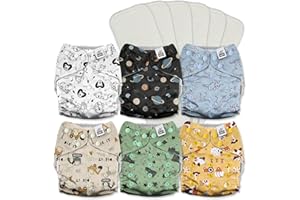 Mama Koala 3.0 Cloth Diapers for Babies with AWJ Lining, 6 Pack with 6 5-Layer Natural Cloth Diaper Inserts - Reusable and Washable Pocket Diapers(A-Dinosaurs and Farm)