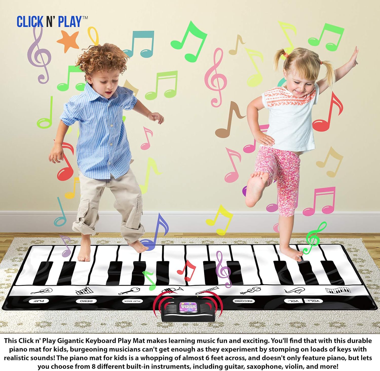 Click N' Play Gigantic Keyboard Play Mat, 24 Keys Piano Mat, 8 Selectable Musical Instruments + Play -Record -Playback -Demo-mode: Toys & Games