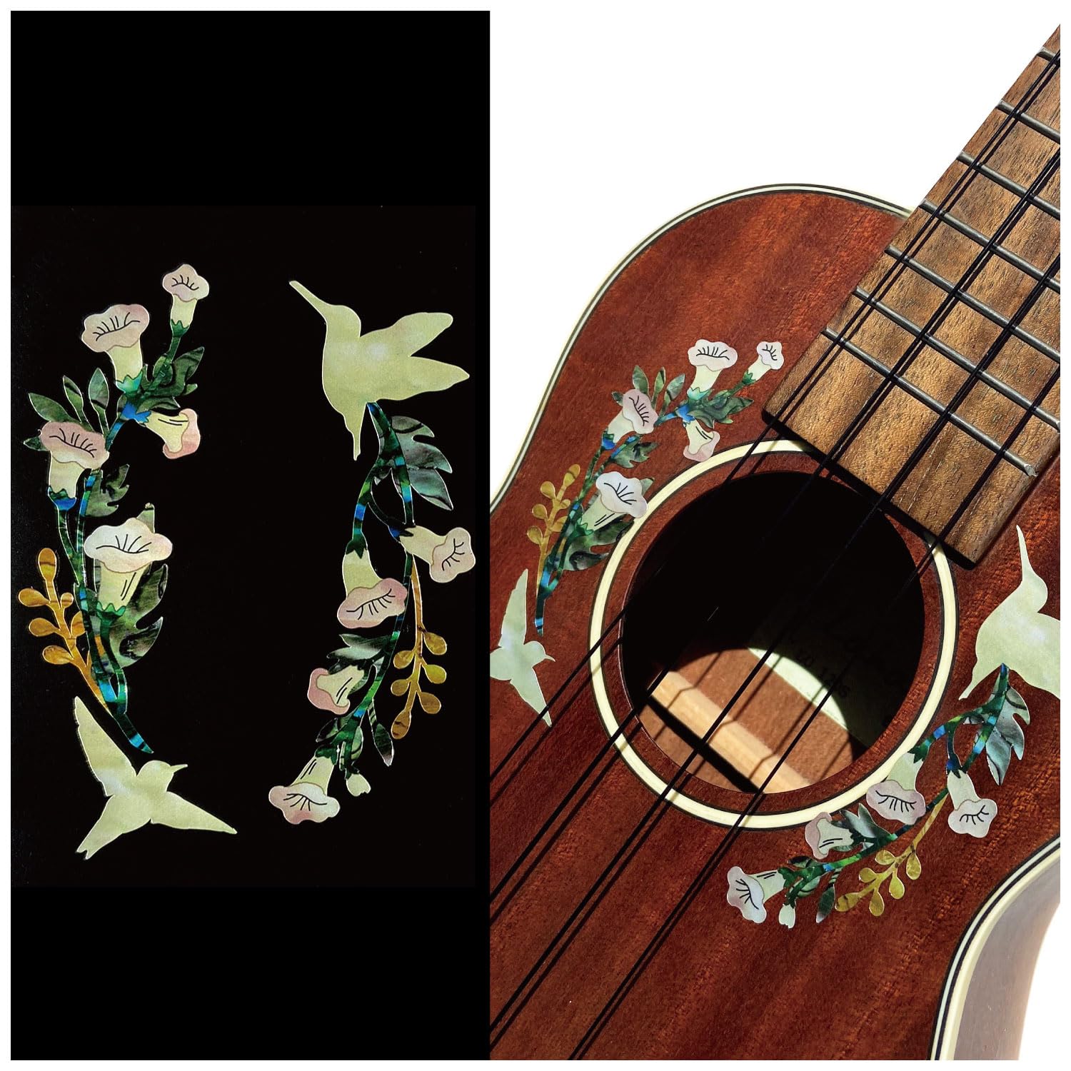 Inlaystickers Rosette/Purfling Sound-hole Inlay Stickers Decals for Ukuleles - Hummingbirds UKR-331HB