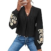 LOOKBOHO Blouses for Women Dressy Casual Embroidered Boho Tops Trendy Puff Long Sleeve Peplum Babydoll Shirts